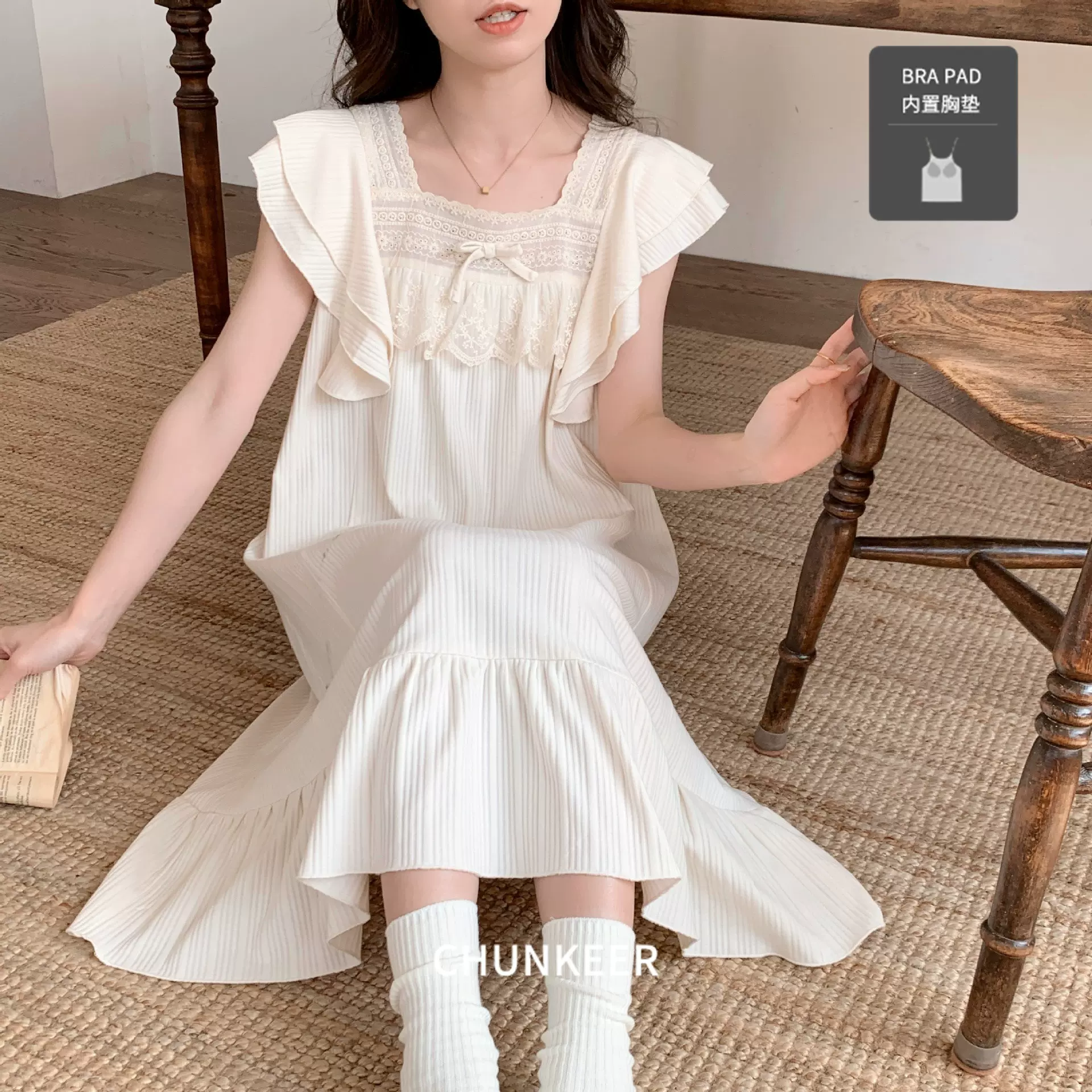 跨境睡衣女夏季带胸垫短袖睡裙甜美可爱薄款家居服 可外穿