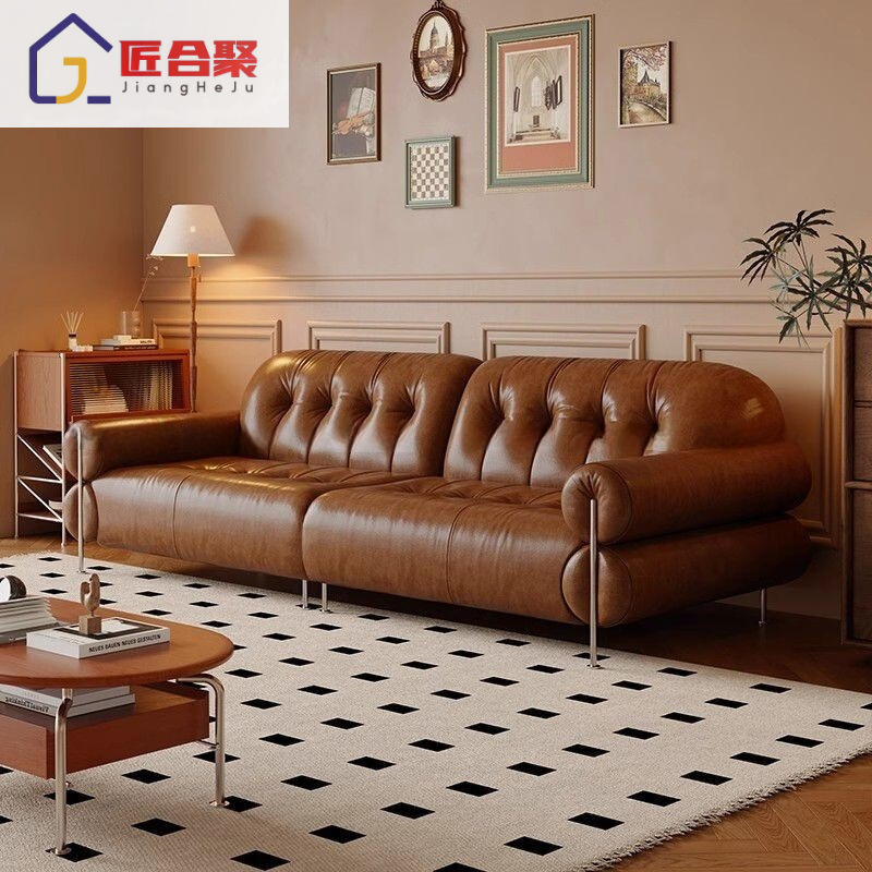 Medieval Style Genuine Leather Brown Sugar Sofa Living Room Home Leather Sofa Small Apartment Light Luxury Simple Oil Wax Leather Straight Sofa
