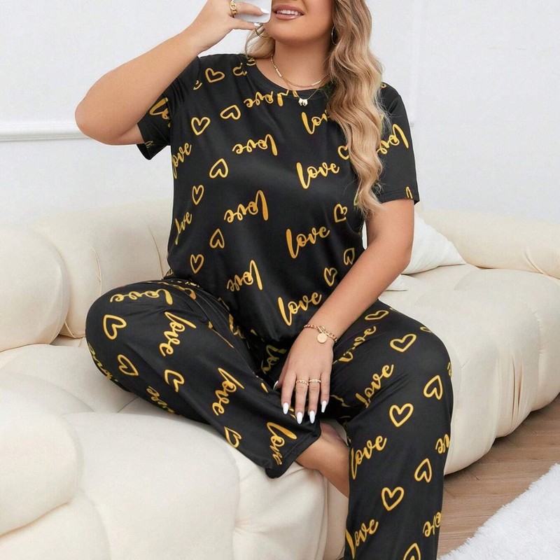 temu cross-border European and American style plus size home clothes plus fat love round neck short sleeve trousers women's pajamas suit