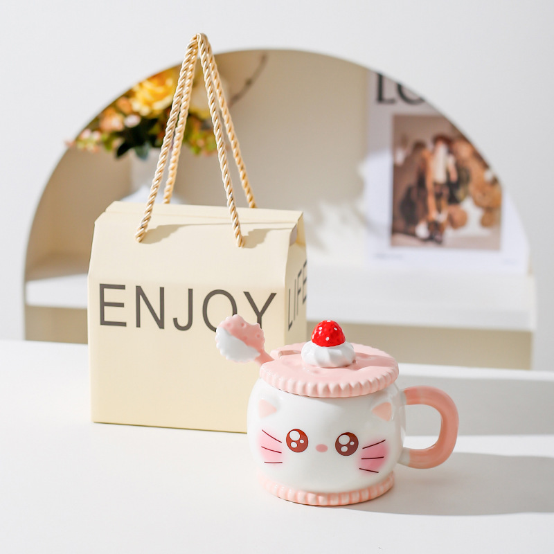 Creativa encantadora caricatura de cerámica taza de regalo rosa de corazón de niña taza de agua con cuchara de cerdo taza de gato