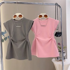 2024夏季新品女童純棉裙子韓版中大顯瘦洋氣時尚純色收腰連衣裙