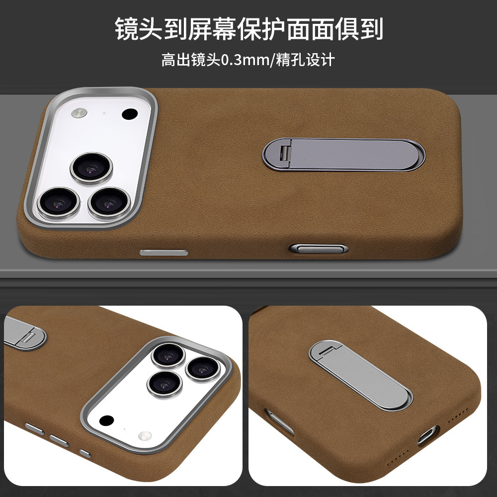 Ốp lưng iPhone 16/17 Pro da lộn từ tính có chân đứng ẩn — màu đen, nâu, màu xám, Kaki chi tiết 9
