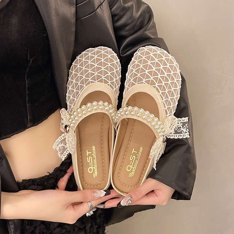 Lace Bow Pearl Toe-Cap Half Slippers for Women, New Summer 2025 Style, Suitable for Wearing with Skirts, Mary Jane Sandals