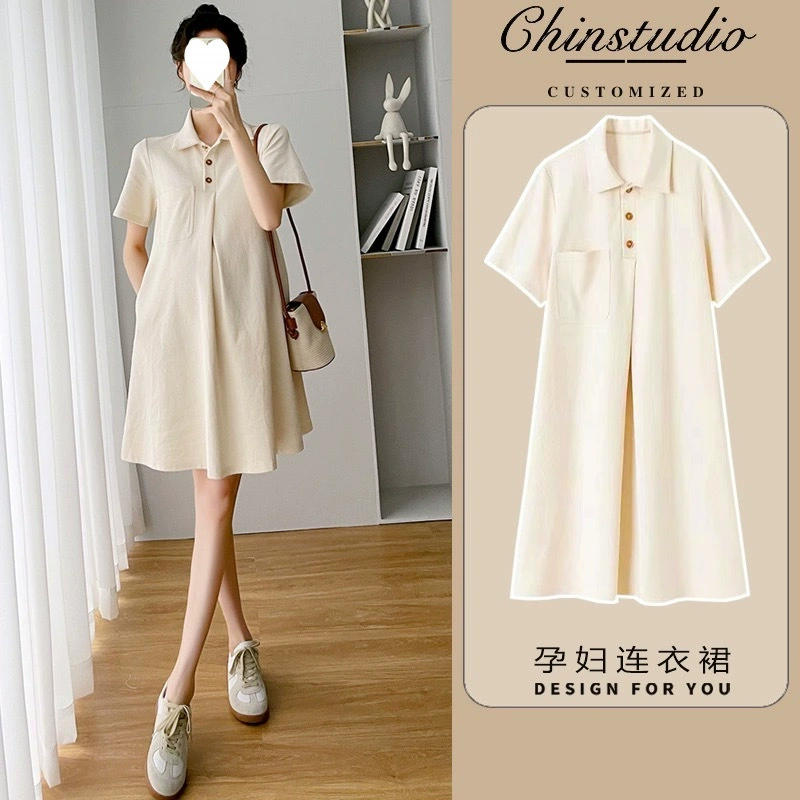 Summer clothing for pregnant, dress, summer skirt, western style, polo collar, with short sleeve, for teenagers, internet celebrity