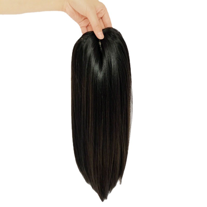 Pieza de peluca artificial negro de longitud media pelo recto cabeza pieza de reemplazo de cabello hembra pelo blanco que cubre pieza de peluca transpirable fabricante en stock