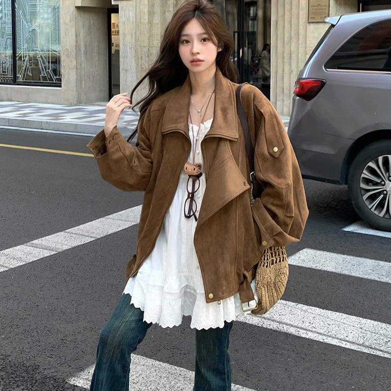 Suede Motorcycle Jacket 2026 Autumn Vintage Maillard Casual Loose Relaxed Lapel Silhouette Jacket for Women Suede Motorcycle Jacket 2026 Autumn Vintage Maillard Casual Loose Relaxed Lapel Silhouette Jacket for Women