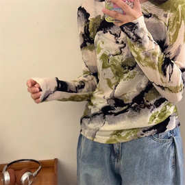 欧货水墨复古印花细打底衫女秋季新款修身百搭洋气长袖上衣