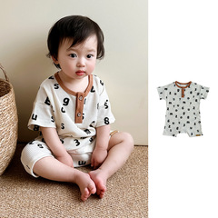 嬰幼童短袖包屁衣華夫格清涼透氣2024夏季新款男女寶寶連體哈衣