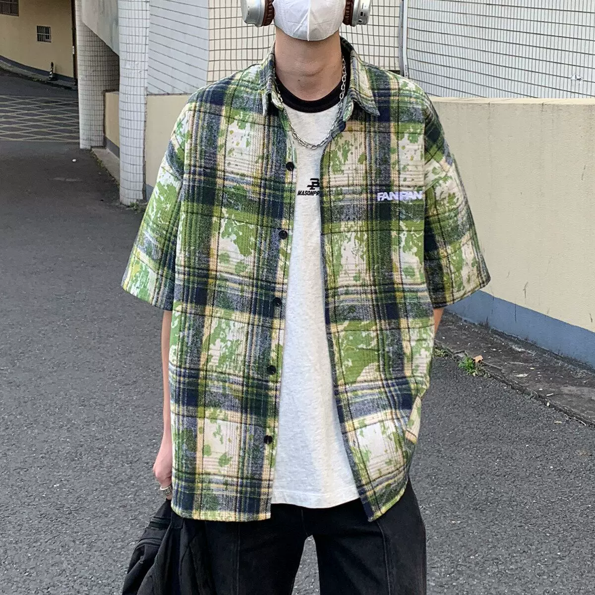 美式潮牌扎染格子衬衫男夏季薄款百搭宽松休闲高级感半袖衬衣外套