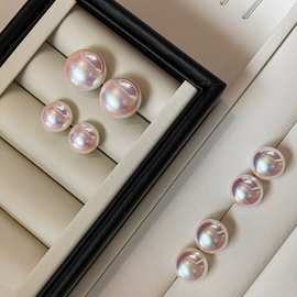 韩式耳饰 S925银针面包彩色马贝珠耳钉女 轻奢甜美圆形珍珠耳环