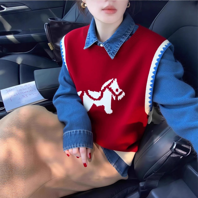 Christmas Outfit Red Jacquard Outerwear Layered Knit Vest for Women 2025 Autumn/Winter Chic Top