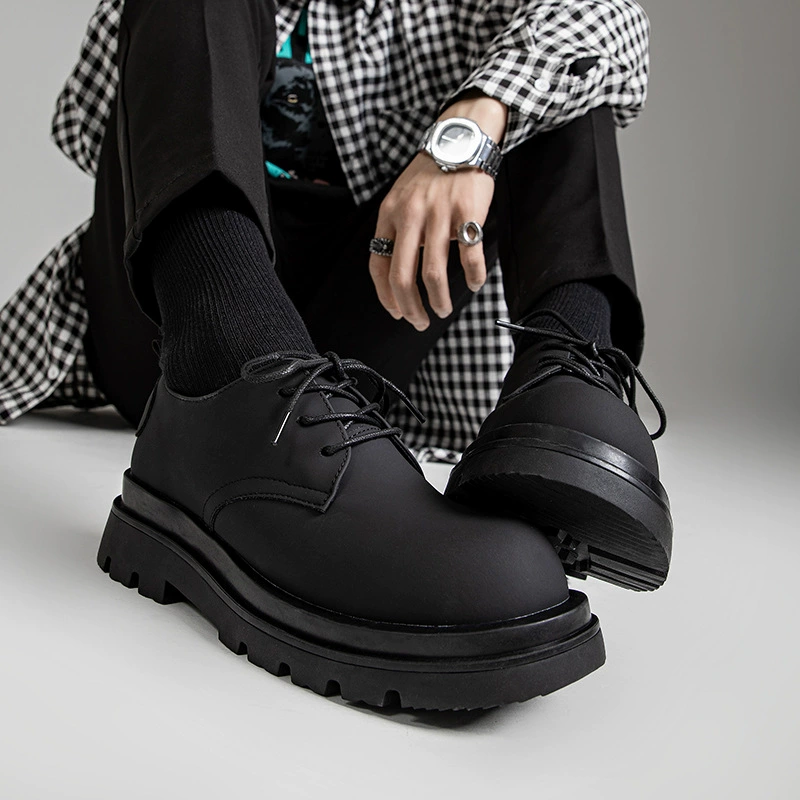 Дерби повседневная кожаная обувь мужская 2024 весна и осень деловая официальная одежда черная толстая подошва увеличенный круглый носок мужская кожаная обувь с большим носком
