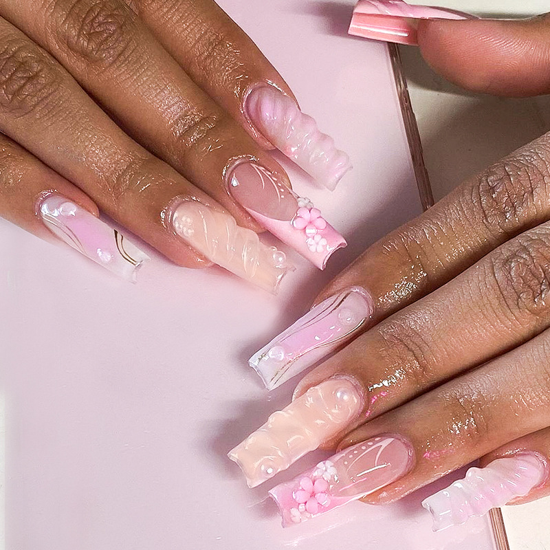 Description Picture 2 of item24Pcs Long Square Fake Nails with Glue 3D Water Drop Curves Press on Nails Wearable French False Nails Full Cover Nails Tips