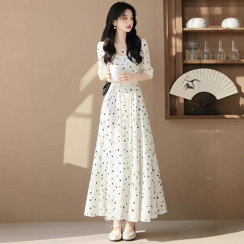 Đầm suông nữ midi họa tiết chấm bi phong cách Pháp — Điểm sóng trắng chi tiết 3