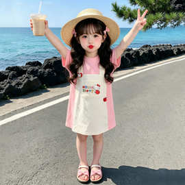 儿童夏季连衣裙2026甜美洋气时髦女宝宝卡通猫咪假两件背带T恤裙