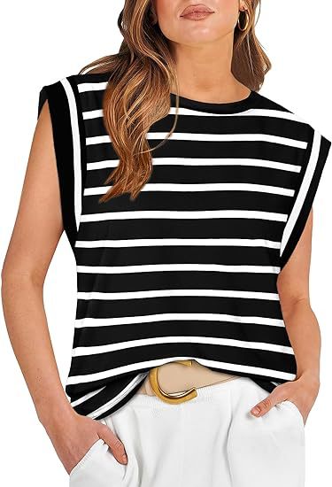 210g Weight Sleeveless Sleeve Length Pullovers Placket Type Raglan Sleeve Sleeve Type Cotton Fabric Type Long Top Length T-shirt Tops Type Holiday, Daily Occasion Round Neck Neckline Loose Fit Type Stripe, Solid Color Pattern Summer, Spring Season Women's Gender Casual Style Wholesale Women's Casual Stripe Solid Color Sleeveless T-Shirts 35