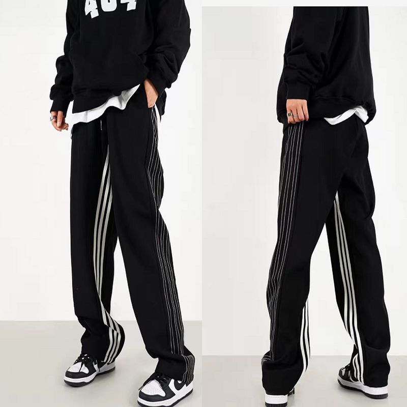 Wang Yibo Same Black and White Striped Straight Casual Pants Men's Three Bars Drawstring Pants Women's Trendy Long Sweatpants