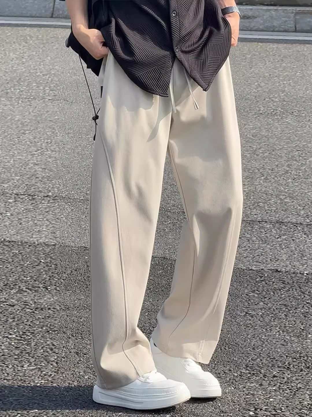 Pantalon de survêtement homme, couleur unie délavée, coupe ample, jambes larges, ourlet arrondi, longueur au sol, taille mi-haute, polyester, style printemps_voghion.com
