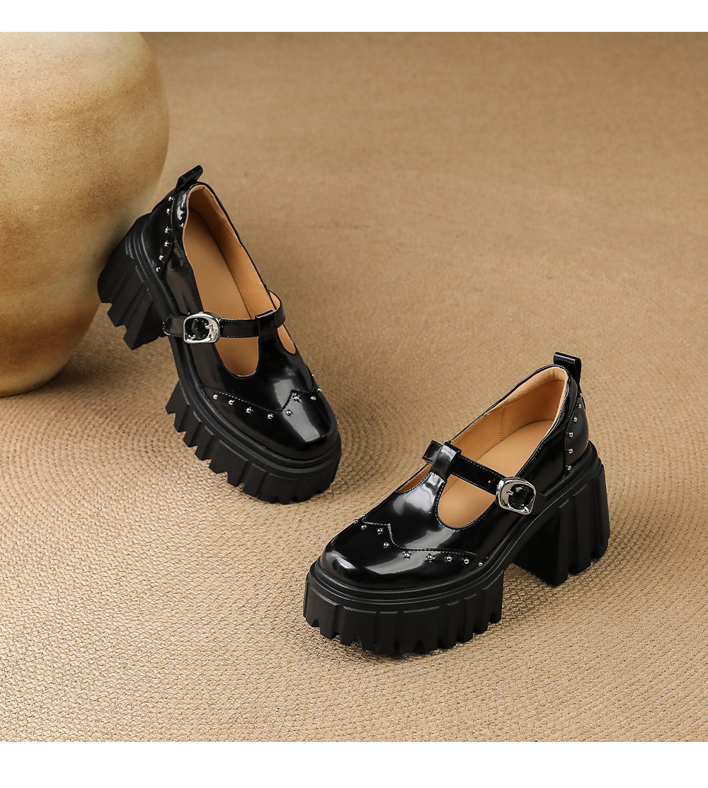 Giày Mary Jane cao gót da thật 9cm, đế bánh xốp, khóa chữ T, gót thô — Màu đen chi tiết 14