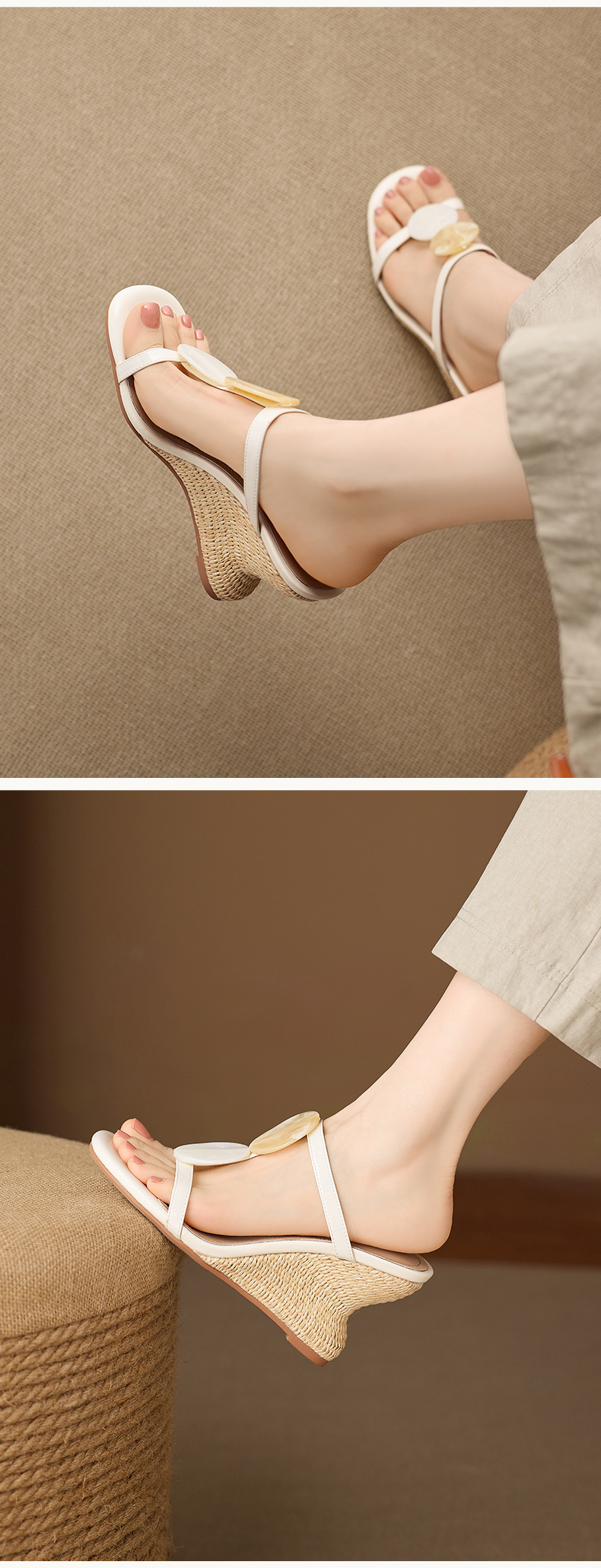 Dép sandal nữ quai chữ V đế xuồng bện rơm gót cao 7 cm — Trần truồng hồng, màu trắng ngà chi tiết 9