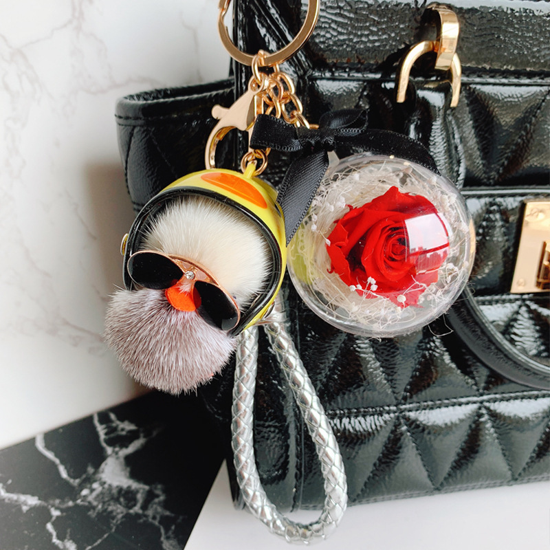 Real fur mink fur duck plush doll helmet yellow duck bag pendant female couple car keychain pendant