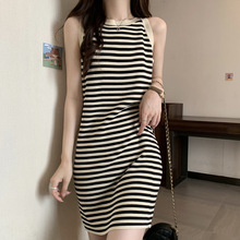 夏季新款休闲显瘦针织背心连衣裙韩版小个子条纹直筒裙子
