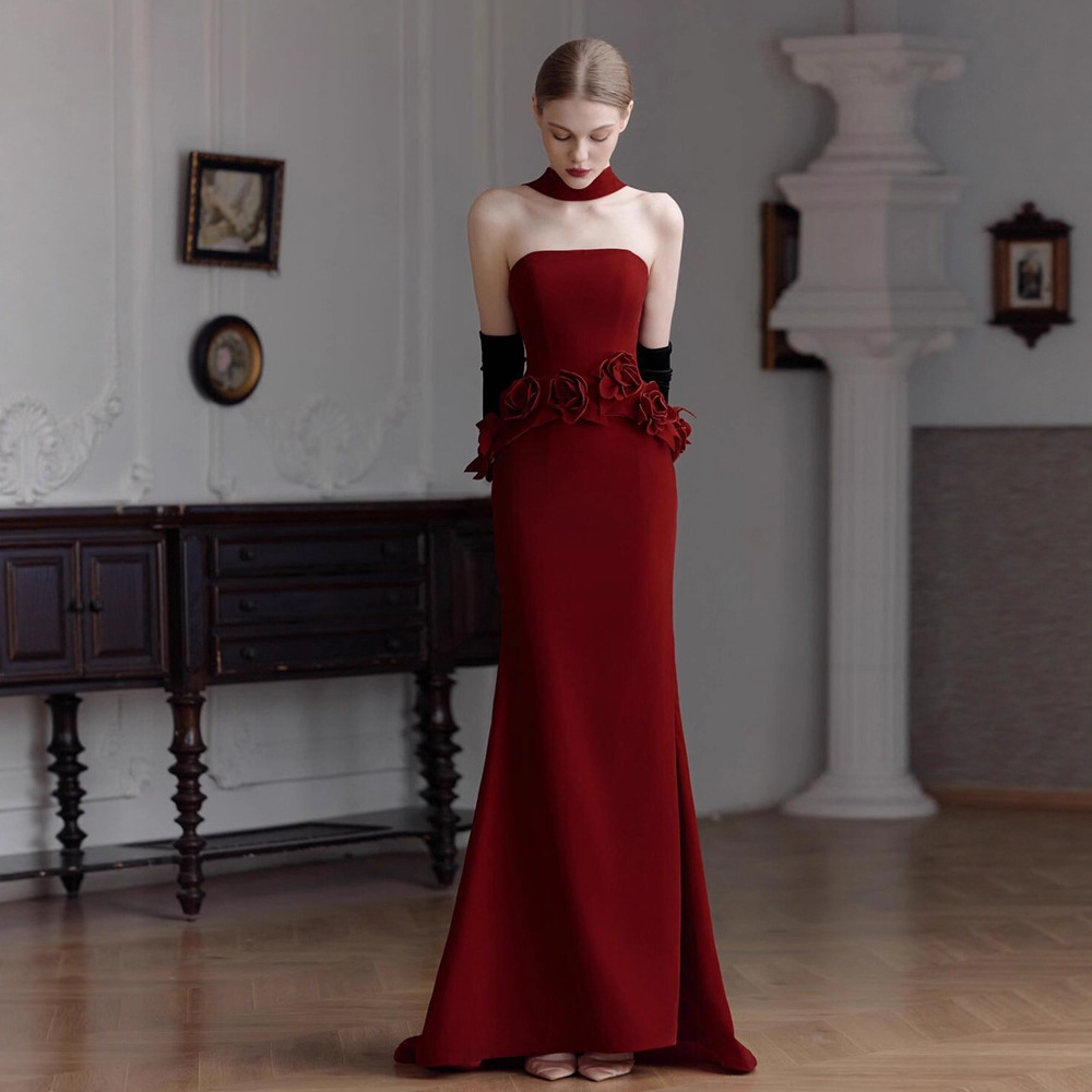 Bride's Toast Dress 2026 New High-End Strapless Burgundy Wedding Homecoming Engagement Banquet Fishtail Dress