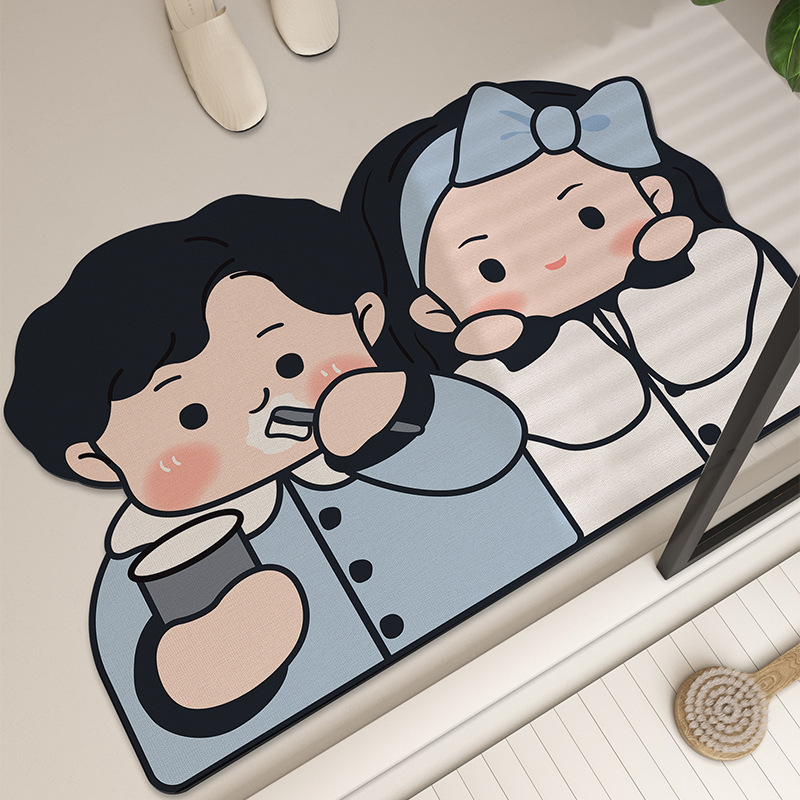 Cartoon Style Couple Bathroom Wash Floor Mat Household Bathroom Sink Absorbent Foot Mat New Diatom Mud Mat