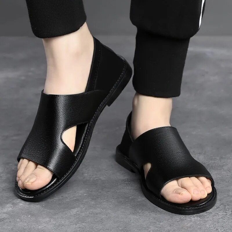 Dép sandal nam da bò thật đế mềm chống trượt kiểu Birkenstock — màu đen