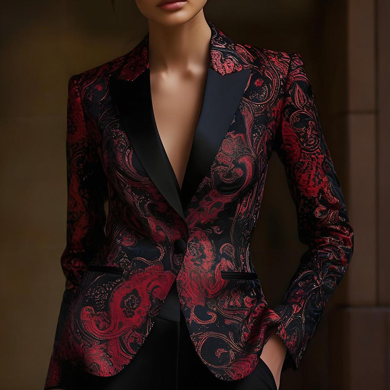 Fd2343 Spot 2025 European and American Cross-Border New Women's Printed V Neck Professional Elegant Small Suit Jacket