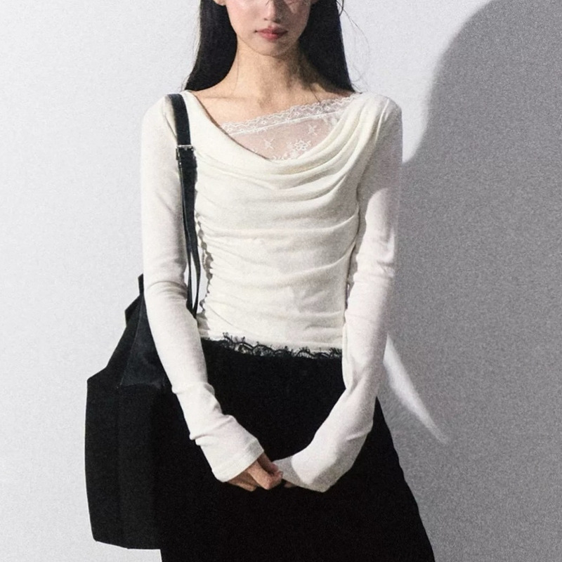 Quiet Vein Lace Knit Mock Neck Base Shirt Fake Two-Piece Inner Layer Pure Desire Slim-Fit Top