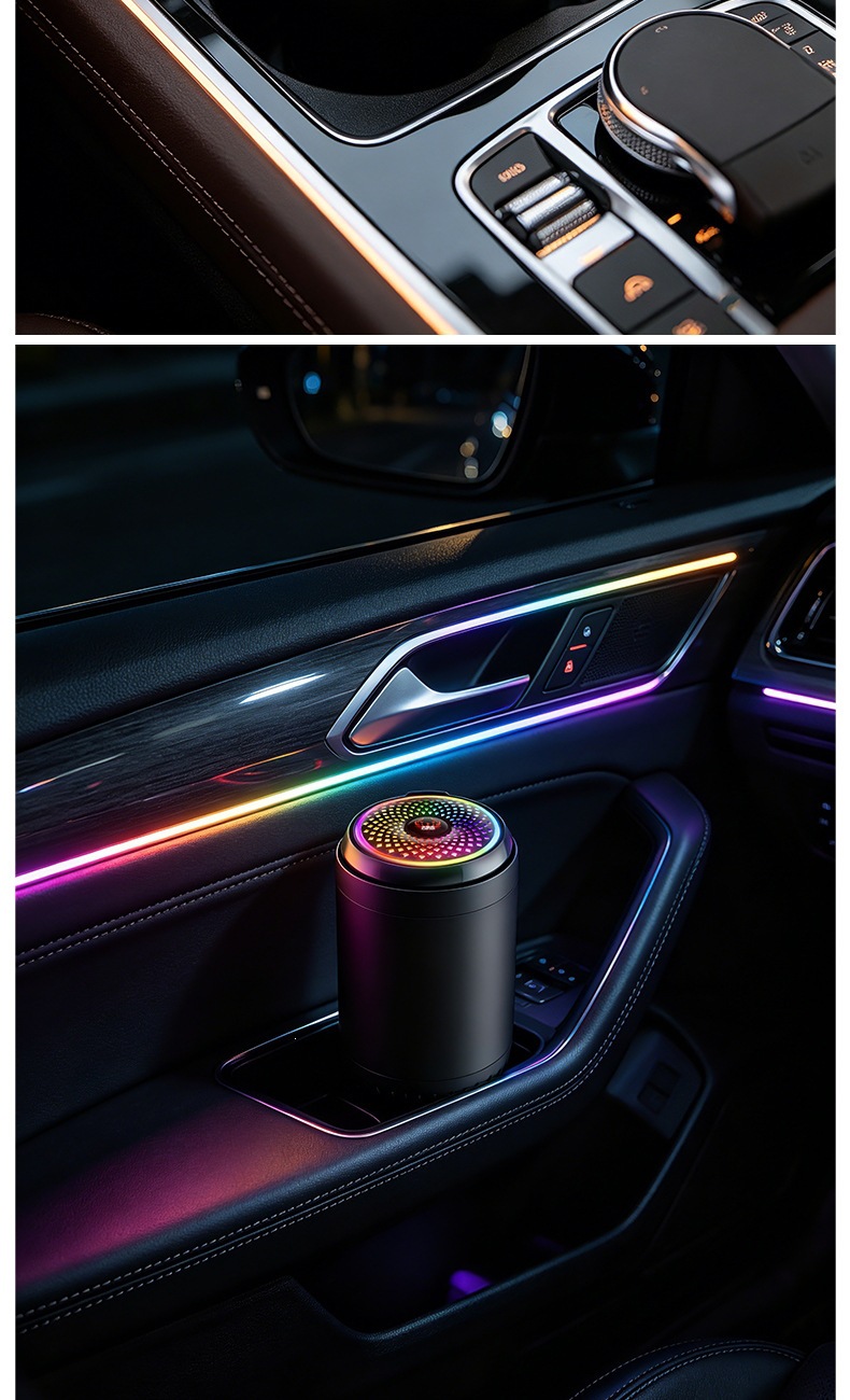 Car-mounted colorful ambient ashtray with press-to-open lid, anti-flyash, flame-retardant inner liner, universal car storage ashtray