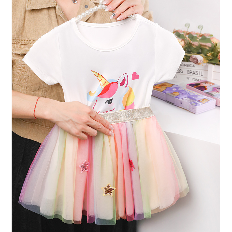 Lightweight Summer Skirt Girls Summer Unicorn Children's Skirt Suit Rainbow Skirt Short-Sleeved Two-Piece Princess Skirt Party Wear