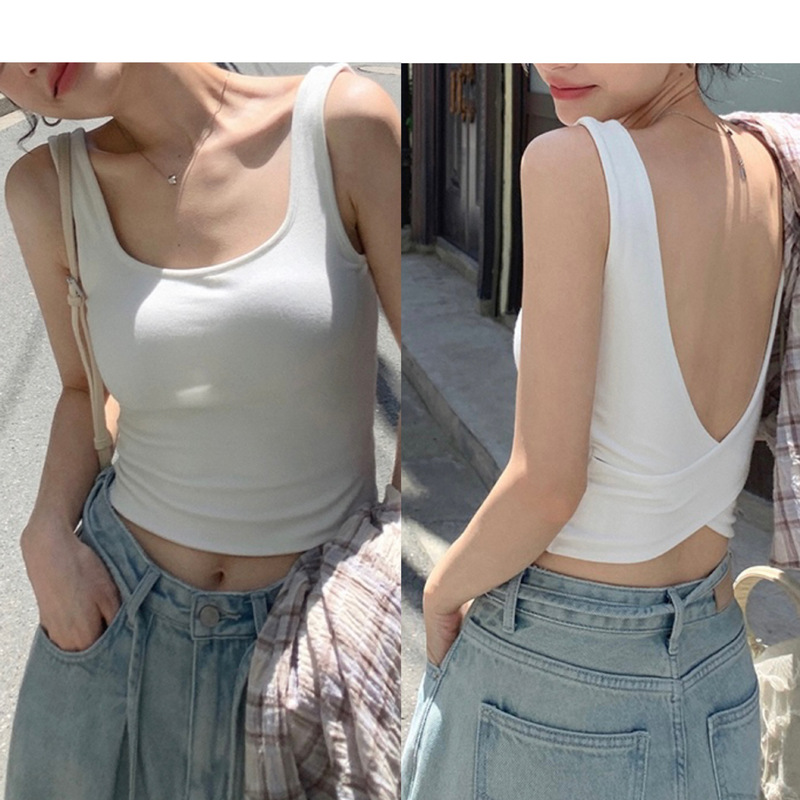 Zhang Beibei's Same Style American Cross Vest for Women with Square Collar, Slim Fit, with Built-In Breast Pads to Cover Breasts and Beautiful Back Top for Women