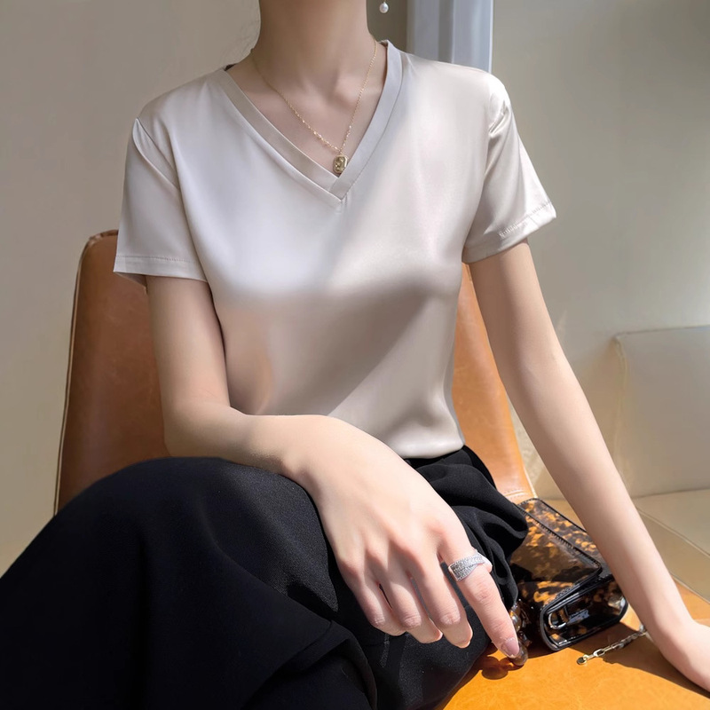 Thin Silk Satin Spring and Summer New Women's V-Neck Pure Color Elegant Simple Inner Short-Sleeved T-Shirt Versatile Slimming Look Casual