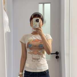 【广州克彩虹麻】薄款透气趣味涂鸦彩纱上衣女夏修身印花短袖恤