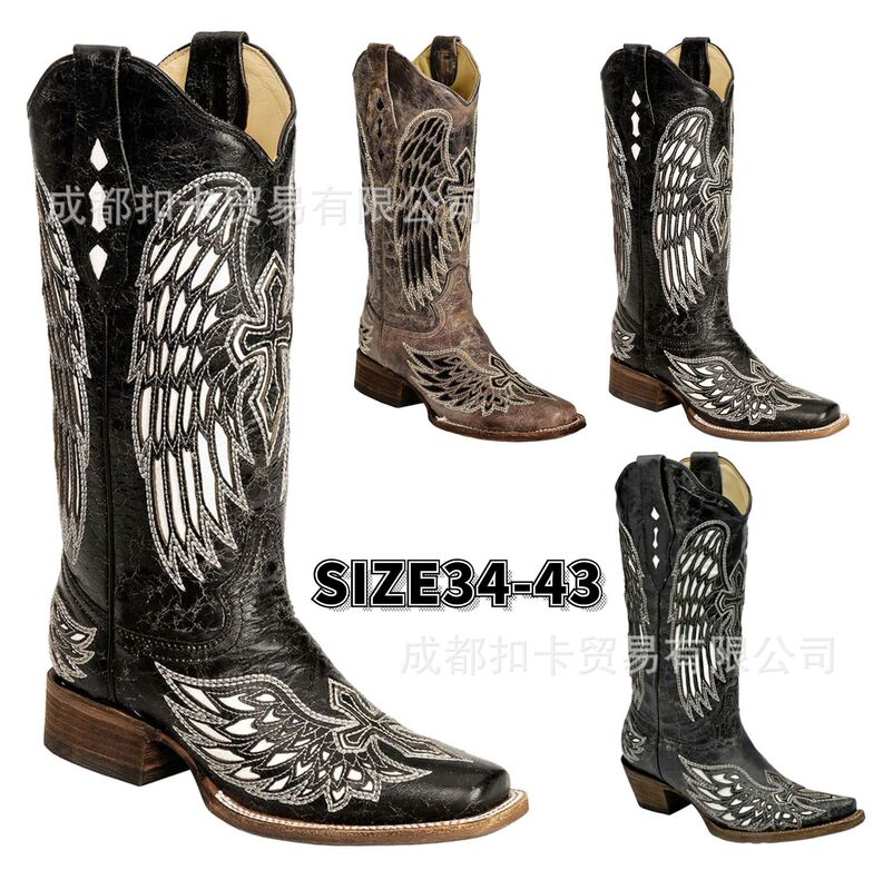 2021 New Style 34-43 European and American Export Supply Thick Heel Low Heel Wings Embroidered Cowboy Boots Sleeve Women's Boots X335 2021 New Style 34-43 European and American Export Supply Thick Heel Low Heel Wings Embroidered Cowboy Boots Sleeve Women's Boots X335