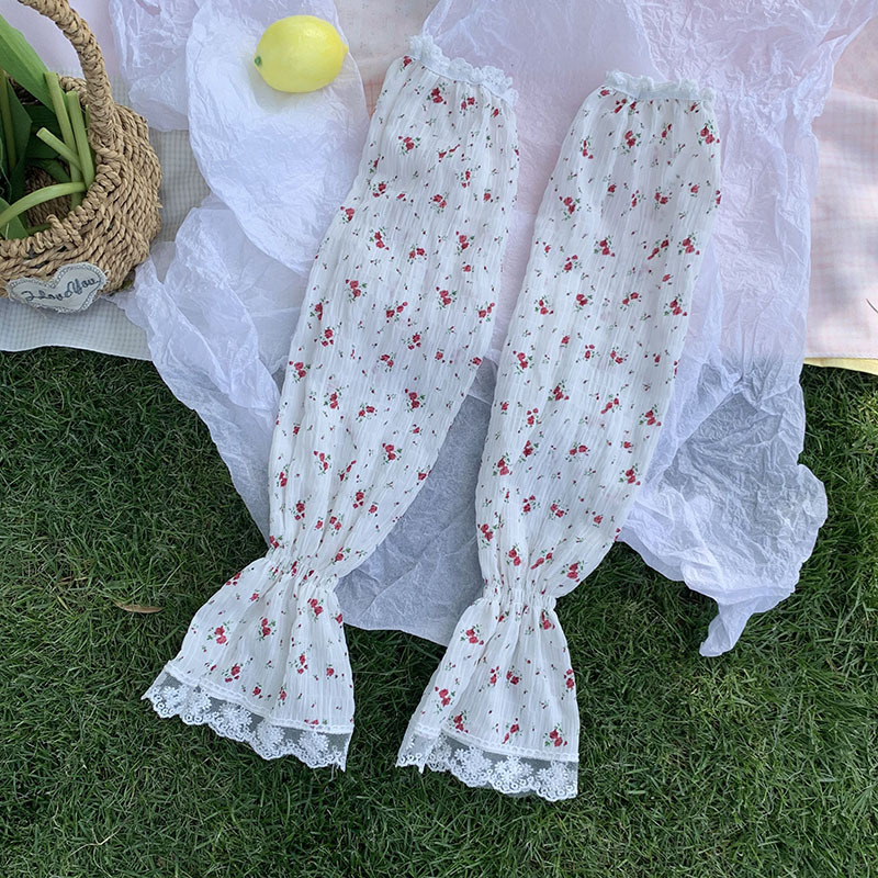 Mangas de hielo, mangas de protección solar, verano femenino, fresco, floral pequeño, encaje francés, sombreado, viaje en bicicleta, juego de máscara de manga de hielo