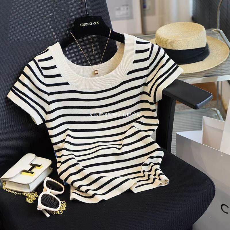 Ice Silk Striped Design Short-Sleeve Plus-Size T-Shirt for Women, Square-Neck Knitted Base Shirt, Summer Short Slim-Fit Top for Women Ice Silk Striped Design Short-Sleeve Plus-Size T-Shirt for Women, Square-Neck Knitted Base Shirt, Summer Short Slim-Fit Top for Women
