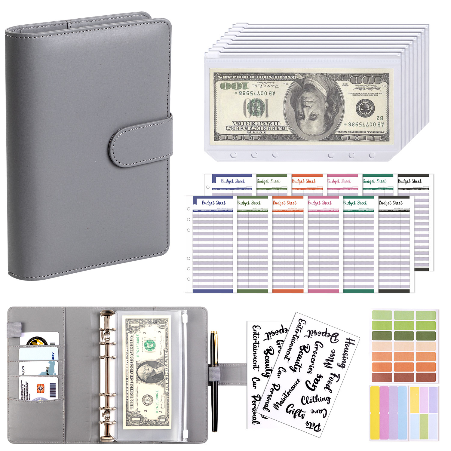 Presupuesto transfronterizo Cash Clip de hojas sueltas Bolsa con cremallera Sobres Libro de cuentas A6 Macarons PU Cuaderno de hojas sueltas de cuero