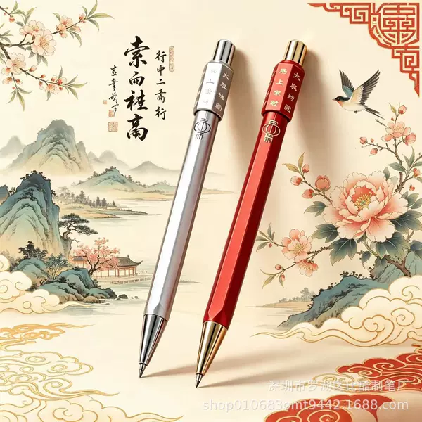 Cross-border new arrival: a retractable, gender-neutral pen with a metal hexagonal design, featuring a rotating mechanism for stress relief, and customizable logo engraving