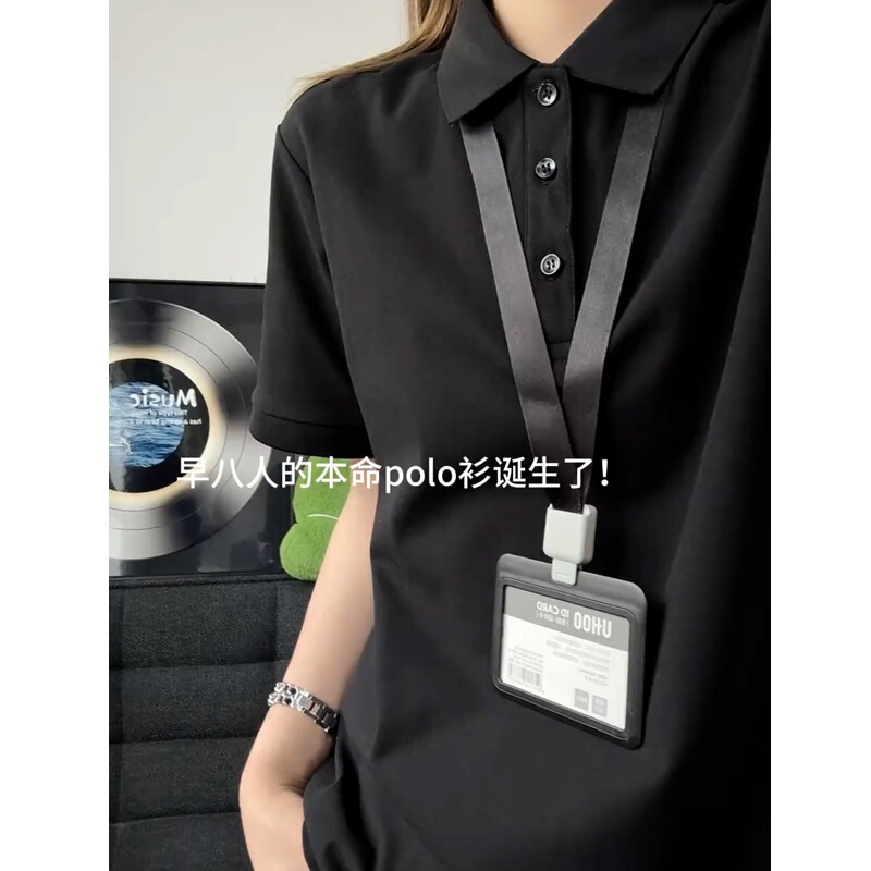 Black American-Style Straight-Shoulder Short-Sleeve Polo Shirt for Men, Summer Cool and Stylish High-End Feel, Turn-Down Collar T-Shirt, Heavyweight Slim-Fit Half-Sleeve