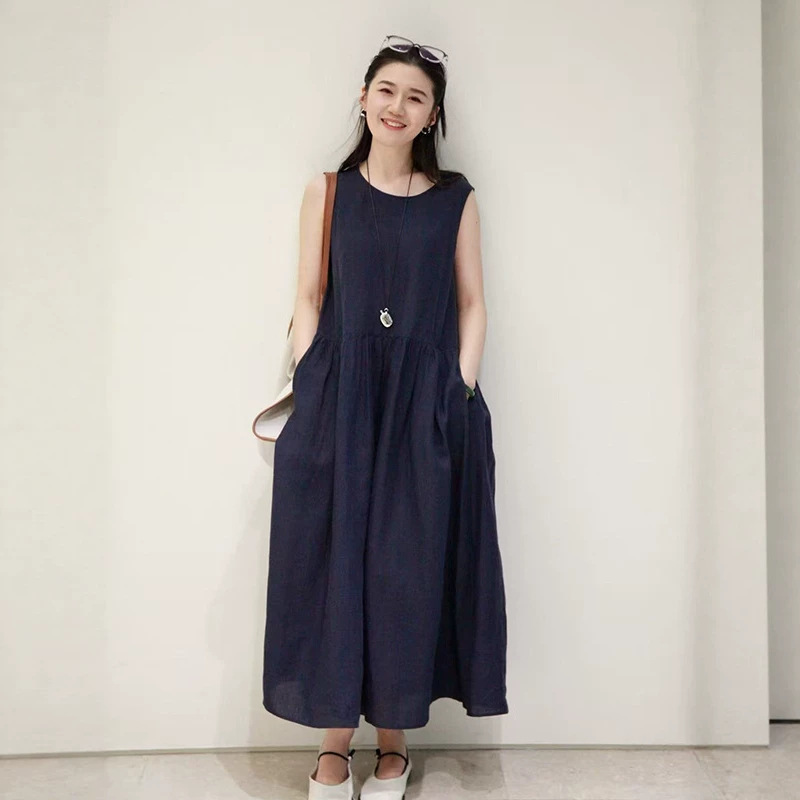 Linen Plain Long Sleeveless Dress for Women 2026 Spring and Summer New Style High-End Resort Style Long Dress