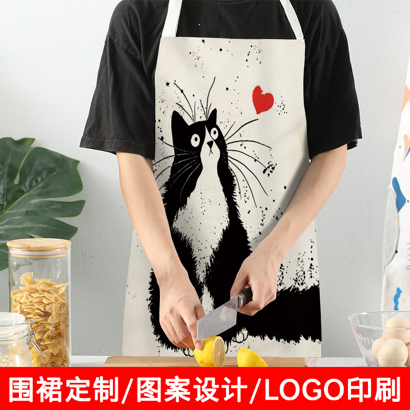 다용도 주방 면마 앞치마, 귀여운 고양이 무소매 광고 작업복 도매, 방오 가정용품 (사진에 따라 제작 가능)