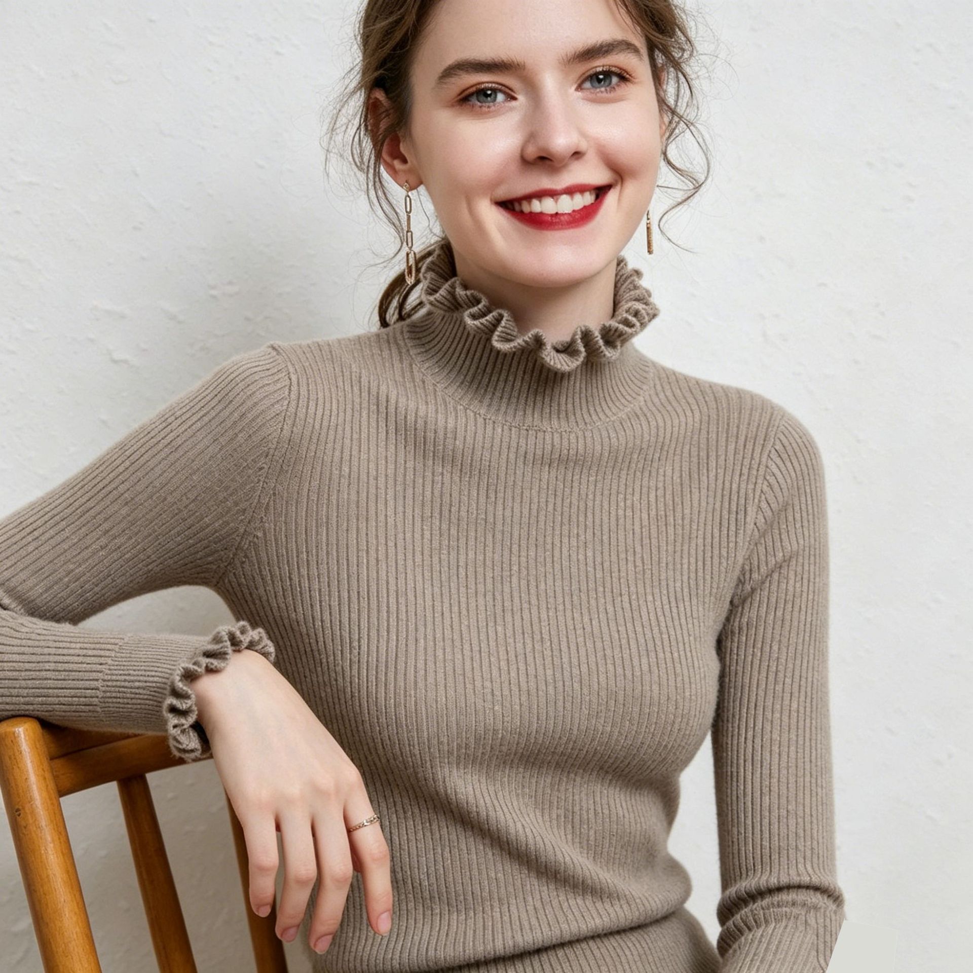 Source factory, wood ear mushroom and lotus leaf collar knit sweater, autumn and winter slim fit commuter solid color long sleeve pullover base layer top