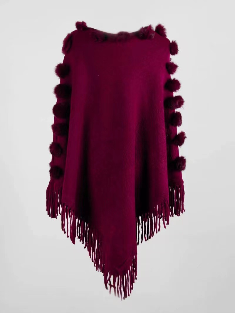 Cape à pompon en poils de lapin pour femme, pull à col rond_voghion.com