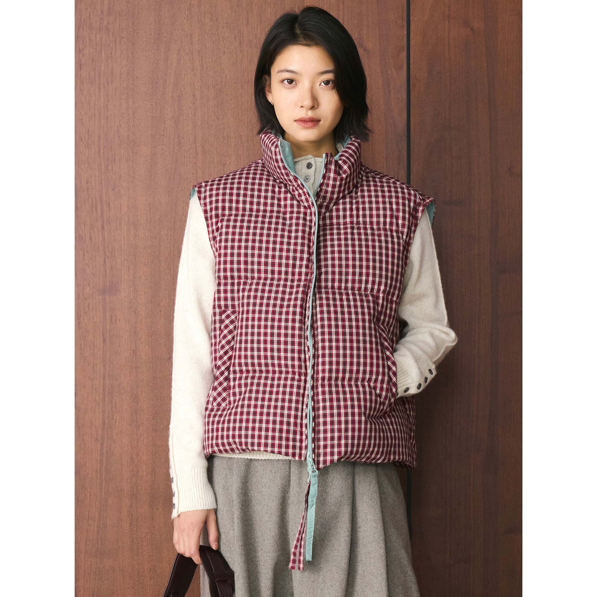 冬季新款韩系复古时髦撞色格子双拉链羽绒马甲舒适保暖上衣女