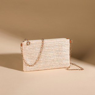 New Spring and Summer Women's Normcore Chain Small Square Bag, Simple Straw Element One-Shoulder Cross-Body Mobile Phone Bag, Small and Light