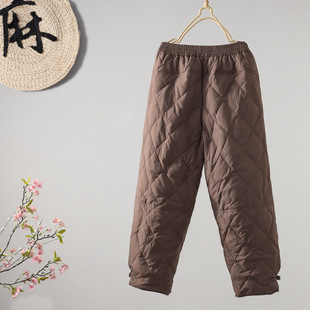 2024 Winter New Artistic Retro Solid Color Rhombic Cotton Pants Windproof Warm Thickened Loose Casual Haren Pants for Women