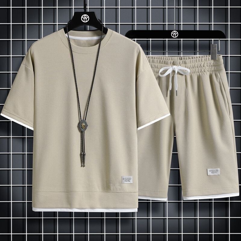 Waffle Casual Suit Men's Summer Ice Silk Short-Sleeved T-Shirt Men's Set with Handsome Large Size Sports Suit